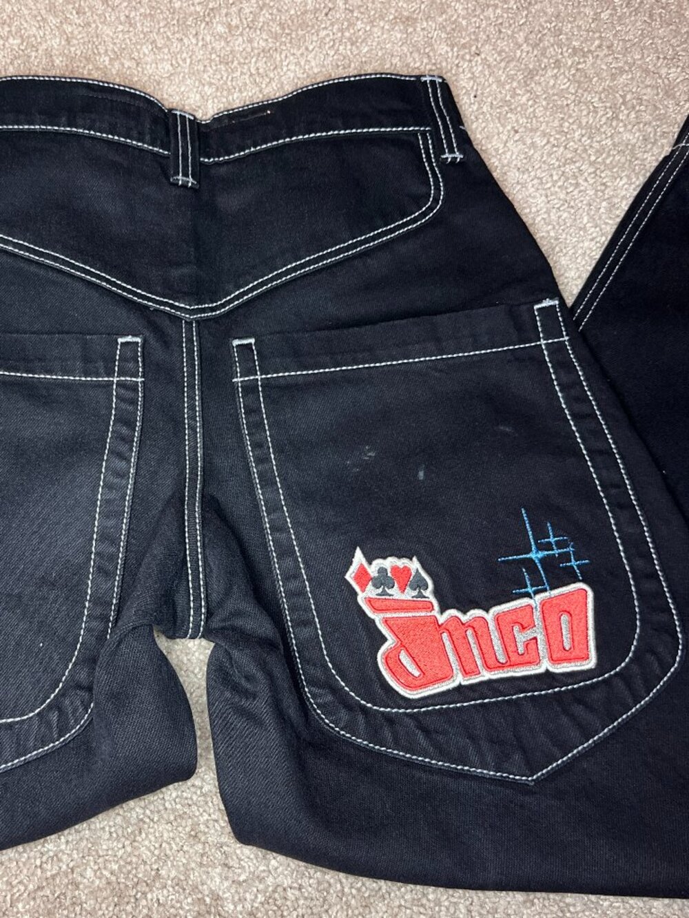 Authentic Black JNCO Jeans 30x30 wideleg card details Denim White stitch